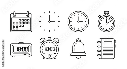 Collection of outline icons representing time management and scheduling elements in a linear style created with generated ai