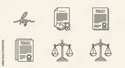 Line art of contract signing handshake policy documents and scales of justice in a legal context design created with generated ai