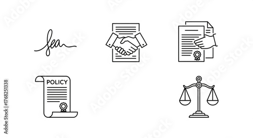 Illustrations showing signature, handshake, documents, policy, and scales of justice in black outline created with generated ai