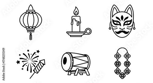 Illustration of a lantern, candle, mask, fireworks, drum, and lei in a simple black outline style created with generated ai