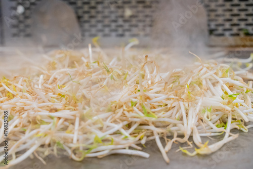 Fotografija A sizzling teppanyaki plate with cabbage, bean sprouts, sliced meat, tofu, and shrimp cooked on a hot iron grill