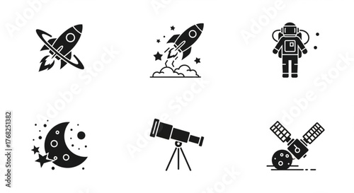Illustration of space exploration icons featuring rockets, astronaut, moon, telescope and satellite created with generated ai