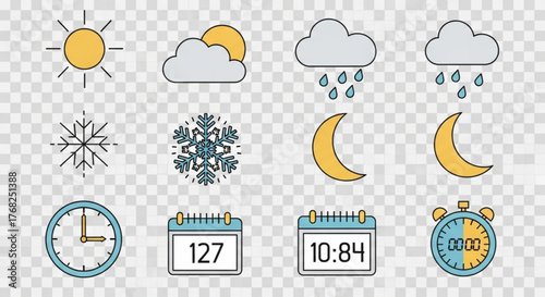 Illustration of weather icons including sun, clouds, rain, snowflakes, moon, clock, and calendar symbols created with generated ai