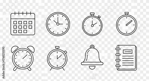 Illustration of calendar clock stopwatch alarm bell and notebook line art icons on transparent background created with generated ai