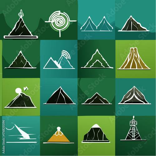 Vector illustration set of camping icons with mountain and tree symbols for travel and nature design elements