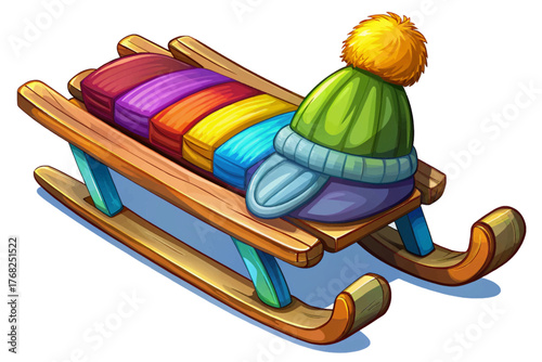 Wooden sled with colorful mittens and beanie vector isolated on white background symbolizing outdoor winter activities and childhood fun