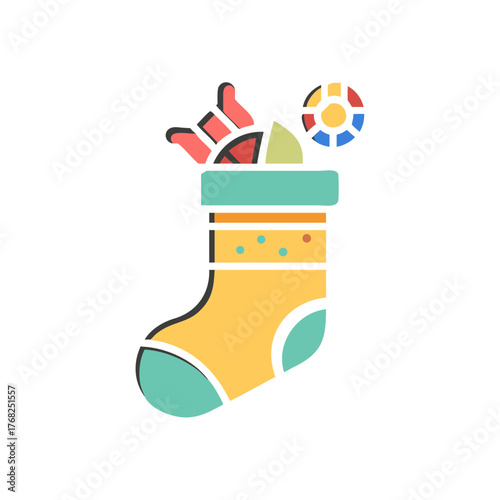 A christmas stocking filled with goodies on transparent background