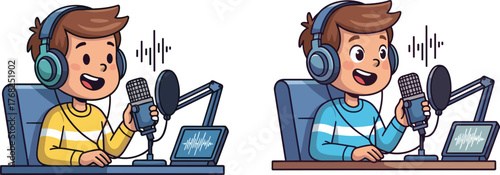 Cartoon boy podcasting with microphone and headphones, sitting at desk with laptop, audio recording setup, modern media creation, vector illustration