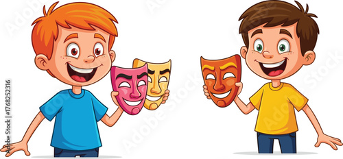 Cartoon boys holding theatrical masks, comedy and tragedy expression, colorful vector illustration, emotional drama concept, childhood theater play, creative character scene