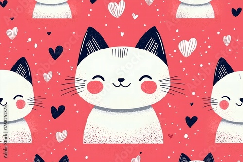 Cute white cat on a pink background with hearts - adorable romantic illustration of love and friendship between cats. Generative AI 