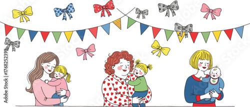 Mothers holding their babies with colorful ribbons and flags happy mothers day