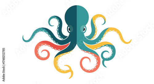 Stylized octopus illustration showcasing bilateral symmetry with contrasting color palettes and