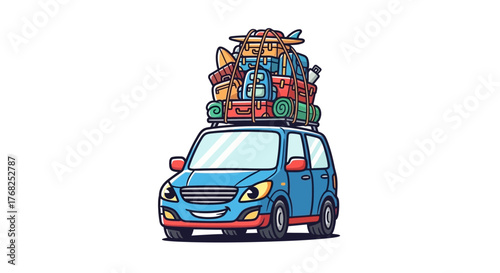 Cartoonish depiction of a car overloaded with vacation gear ready for adventure