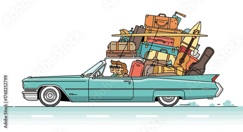 Vintage road trip adventure: Convertible packed with luggage embarking on a scenic journey