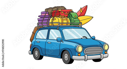 Animated illustration of a blue car packed with luggage ready for a vacation trip
