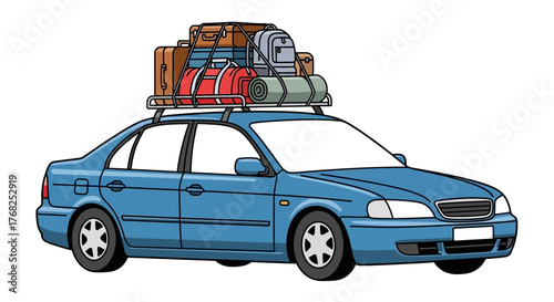 Blue sedan car packed with luggage on the roof rack ready for a road trip adventure with vacation