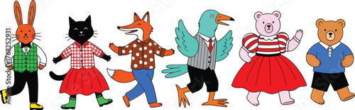 Animals dressed in human clothes dancing, celebrating a special occasion