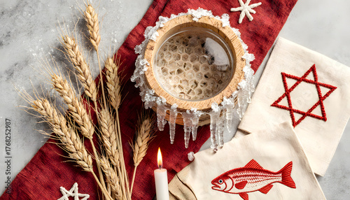 Holy water blessing with wheat, candle, and symbols for Orthodox Christmas  