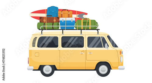 Retro van loaded with travel gear ready for a road trip adventure and vacation memories