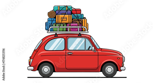 Crimson compact car, overloaded with suitcases, ready for a colorful travel adventure, a hand