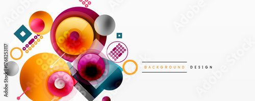 Abstract colorful design. Circles, squares, dots create dynamic composition. Modern graphic element for backgrounds, presentations.