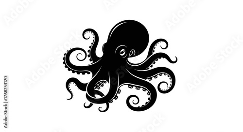 Monochrome illustration of an octopus with multiple tentacles on an isolated backdrop