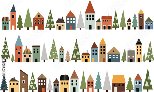 Charming townscape with houses and trees, creating a whimsical village scene