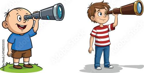 Cartoon boys using telescopes, outdoor science exploration, curiosity and discovery, childhood learning, fun activity, educational vector illustration for kids