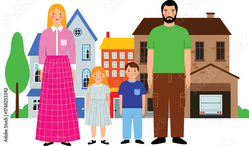Happy family standing in front of their houses, representing community and home