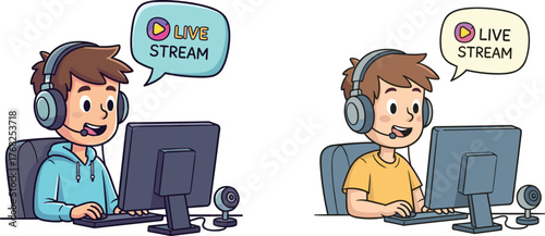 Cartoon characters live streaming at desks, headset and webcam setup illustration, vector design for media, technology, emotion, communication, digital content