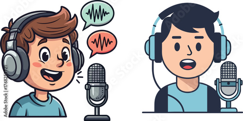 Cartoon characters podcasting with microphones and headphones, expressive and composed styles, sound wave graphics, modern audio recording setup, vector illustration