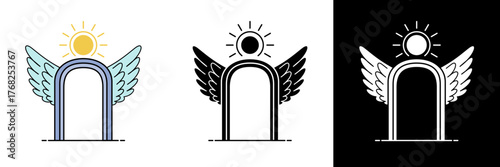 Creative vector illustration of a winged arch with a glowing sun on top, shown in colored, black silhouette, and white line versions. Perfect for use in spiritual, celestial, or fantasy design project