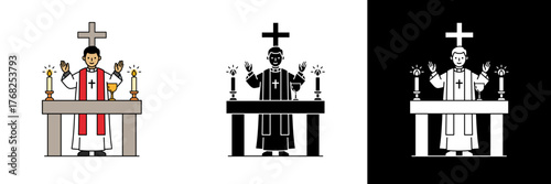 Priest standing at altar with candles and cross, symbolizing faith, worship, and spirituality. Shown in color, black, and white. Perfect for church or religion-related art.