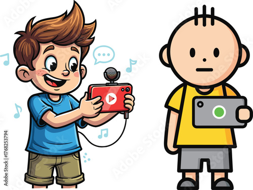 Cartoon characters using smartphone and tablet, expressive and calm styles, recording and holding devices, modern tech interaction, vector illustration