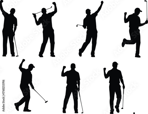 Golf celebration silhouette, golfer jumping, victory pose, sports emotion, black figure, golf club raised, dynamic action, expressive athlete, golfing moment, win