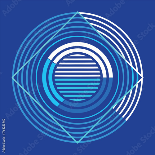 Abstract geometric circle design with white lines and blue background