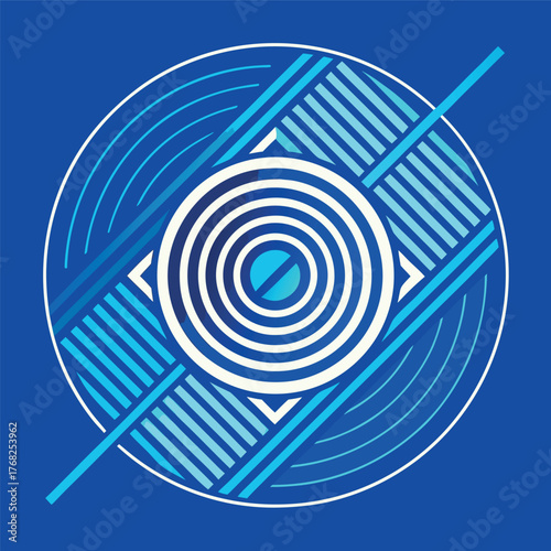 Abstract geometric circle design with white lines and blue background