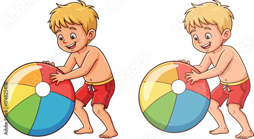Cartoon child playing with beach ball, summer fun scene, red shorts, blond hair, colorful ball segments, cheerful pose, spot the difference