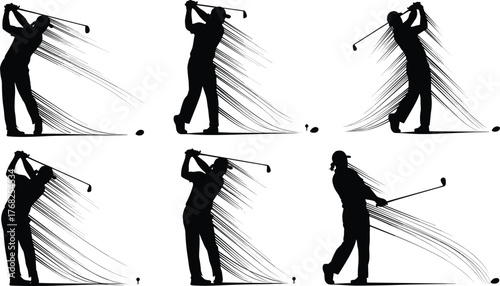 Golf swing silhouette illustration, dynamic motion lines, sports biomechanics, tee shot technique, athletic movement, training concept, vector art, black figure
