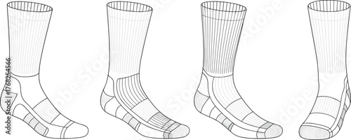 Athletic sock technical illustration, performance design, ribbed cuff, arch support, heel reinforcement, breathable zones, garment sketch, apparel template