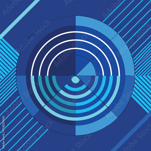 Abstract geometric circle design with white lines and blue background
