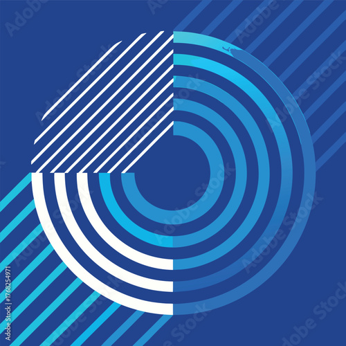 Abstract geometric circle design with white lines and blue background