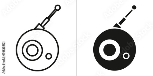 Two icons representing a satellite or space probe in black and white