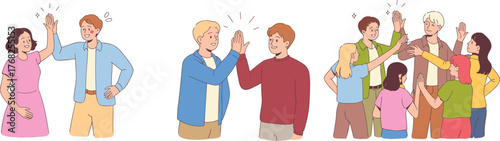 Group, teamwork, celebration, high-five, happy people, unity, success, friends, diversity, joy, connection, smiling, togetherness, casual, lifestyle, bonding