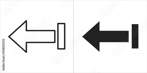 Set of left arrow icons with a vertical line in outline and solid black