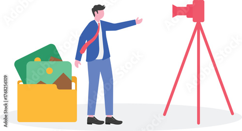 Female photographer doing a photo session near a photo album folder illustration
