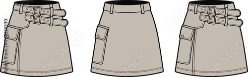 Beige skirt illustration, fashion design sketch, buckle strap waistband, side pocket detail, front view, garment flat, apparel template