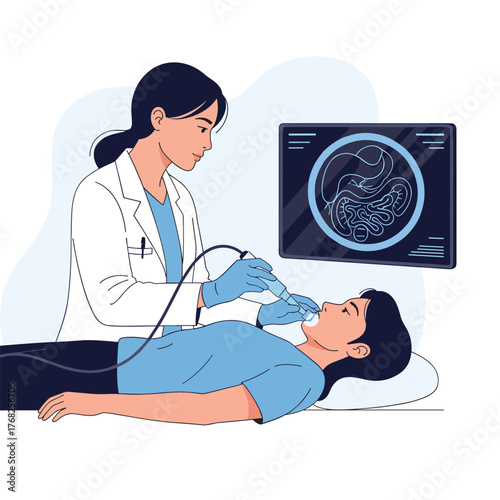 A medical professional conducts an endoscopic procedure on a patient, with the digestive tract visible on a screen.