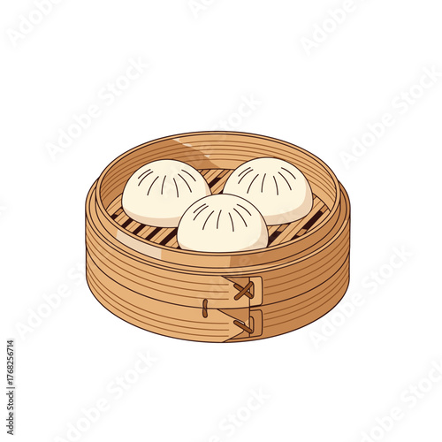 A charming illustration features three perfectly steamed, fluffy buns nestled inside a traditional bamboo steamer, ready to be enjoyed as a classic Asian dim sum dish.
