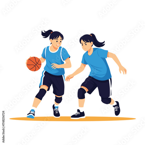 Two young girls enthusiastically play basketball on a court, one dribbling while the other defends, showcasing a dynamic and active sporting moment.